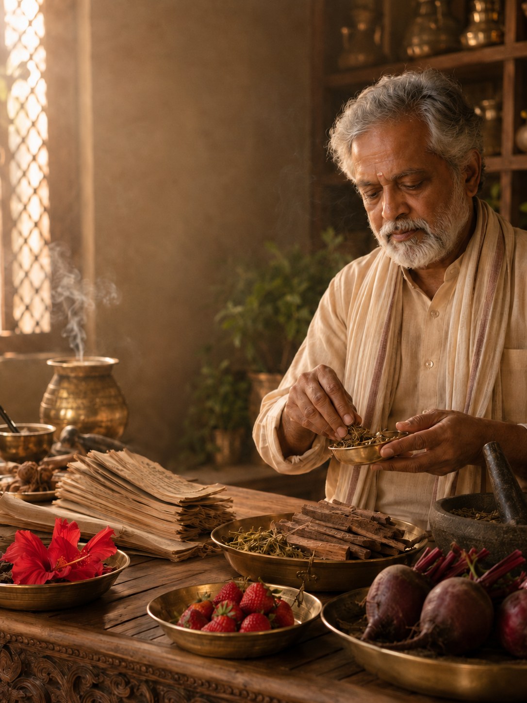 Arjuna bark, hawthorn berries and hibiscus beside a Jeeva shot