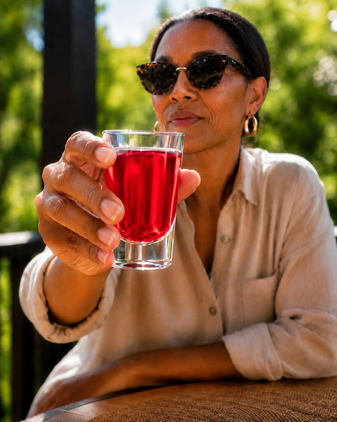 Woman holding a ruby-red Jeeva heart shot